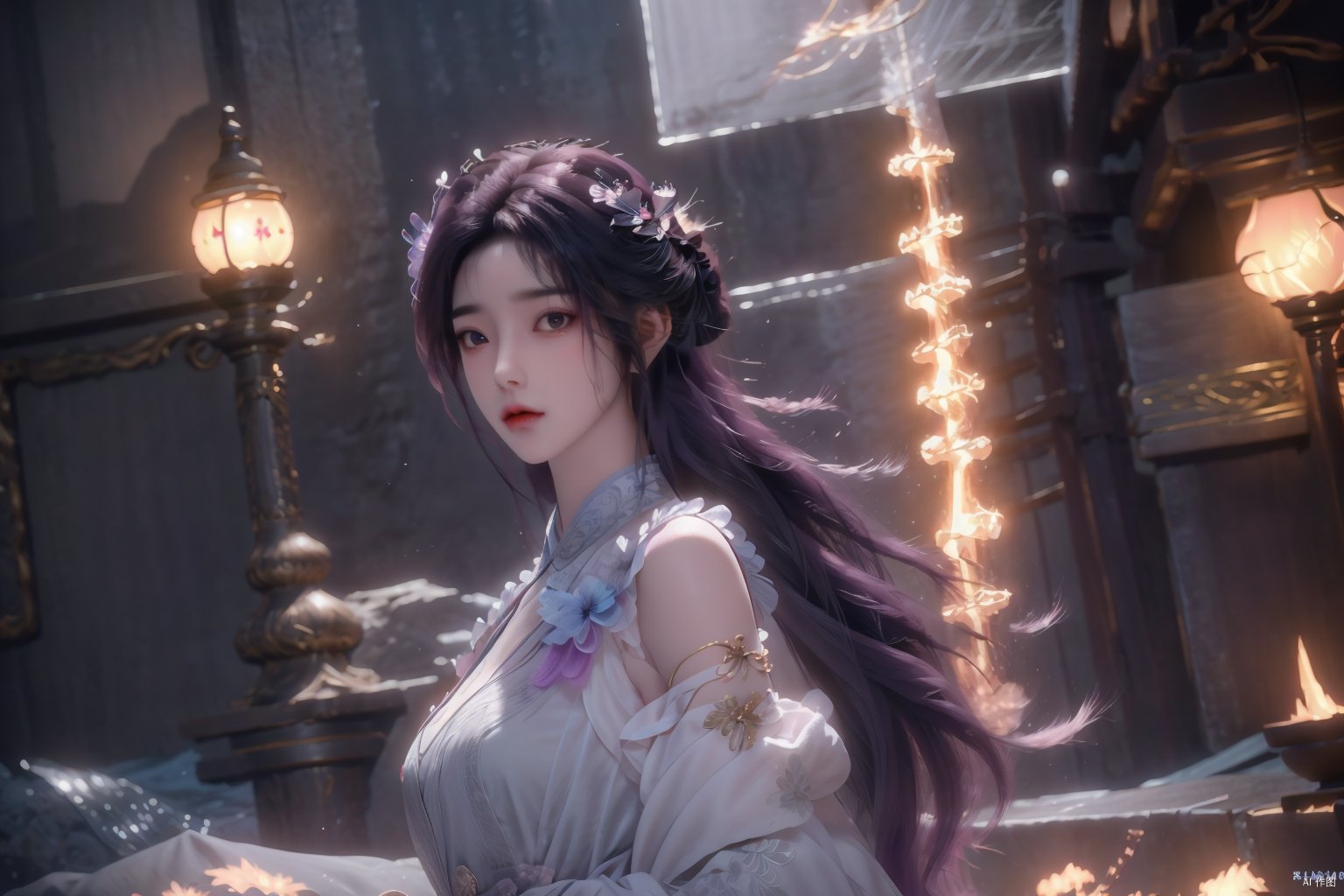  masterpiece,(best quality),official art, extremely detailed cg 8k wallpaper,((crystalstexture skin)), (extremely delicate and beautiful),highly detailed,1girl,solo,long hair,ruhua, purple hair, sssr