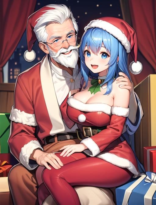 best quality, masterpiece, highres, detailed, digital artwork, <lora:Detail - add_detail:0.2>, 2people, SantaLap, <lyco:Scene - SantaLap:0.9>, sitting on lap, happy, BREAK 1boy, old man, santa, santa claus, white hair, red pants, santa hat, fat, beard, mustache BREAK CoralVG, blue hair, blue eyes, excited, blue dress, <lora:Character - CoralVG-6:0.4>