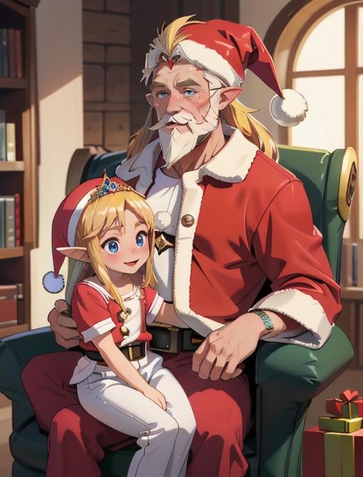 best quality, masterpiece, highres, detailed, digital artwork, <lora:Detail - add_detail:0.2>, 1girl and 1boy, SantaLap, <lyco:Scene - SantaLap:0.9>, sitting on lap, happy, BREAK 1boy, old man, santa, santa claus, white hair, red pants, santa hat, fat, white beard, mustache BREAK blonde hair, blue eyes, ZeldaHW, tiara, blush, long hair, <lora:Character - ZeldaHW:0.5>