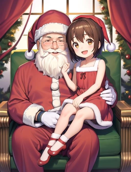 best quality, masterpiece, highres, detailed, digital artwork, <lora:Detail - add_detail:0.2>, 2people, SantaLap, <lyco:Scene - SantaLap:0.9>, sitting on lap, happy, BREAK 1boy, old man, santa, santa claus, white hair, red pants, santa hat, fat, beard, mustache BREAK  HikariDigi, 1girl, female child, brown hair, brown eyes, short hair, yellow shirt, <lora:Character - HikariDigi:0.4>