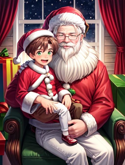 best quality, masterpiece, highres, detailed, digital artwork, <lora:Detail - add_detail:0.2>, 2boys, SantaLap, <lyco:Scene - SantaLap:0.9>, sitting on lap, happy, BREAK 1boy, old man, santa, santa claus, white hair, red pants, santa hat, fat, white beard, mustache BREAK  HiroDigi, brown hair, messy hair, green eyes, sitting on santa's lap, <lora:Character - HiroDigi:0.5>, 