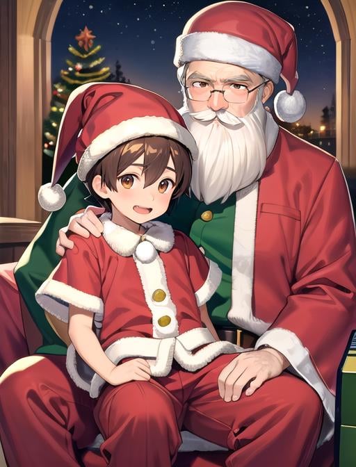 best quality, masterpiece, highres, detailed, digital illustration, mall, <lora:Detail - add_detail:0.2>, 2boys, SantaLap, <lyco:Scene - SantaLap:0.9>, sitting on lap, happy, mall BREAK  old man, santa, santa claus, white hair, red pants, santa hat, fat, white beard, mustache, BREAK TakuyaKan, goggles, hat, brown hair, brown eyes,  <lora:Character - TakuyaKan:0.4>, green hat, 