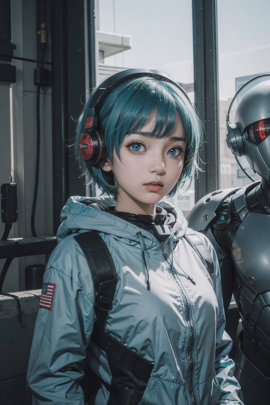 (masterpiece), 1girl, cute, black hoodie, aqua hair color, light blue eyes, short hair, mecha headgear, science fiction, scenery, sci-fi exoskeleton 