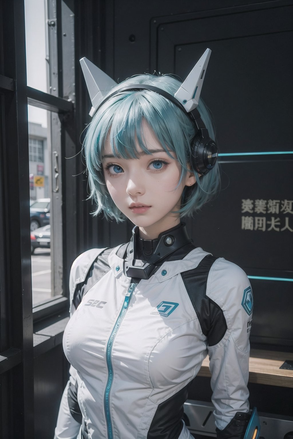 (masterpiece), science fiction, scenery,  1girl, short hair, bangs, aqua hair color, light blue eyes, mecha headgear, sci-fi bodysuits, 