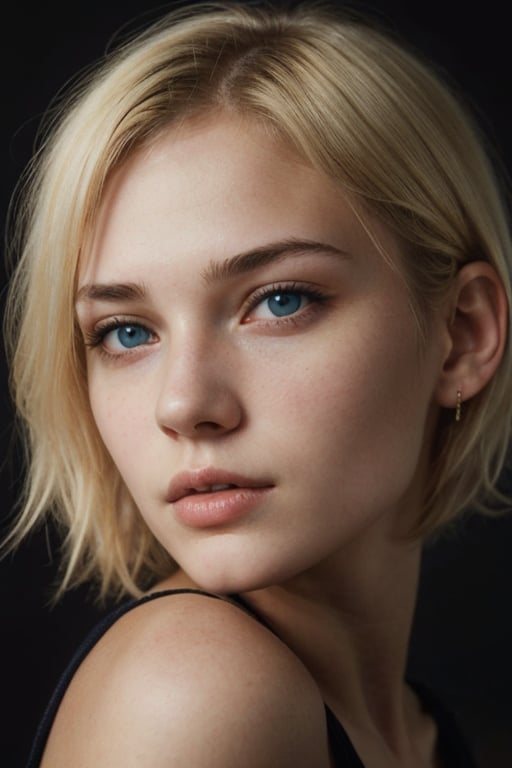 1girl,18 year old girl, blonde hair, pale skin, short hair,  blueeyes, dark theme, high contrast, (natural skin texture, hyperrealism, soft light, sharp), ,sexy,REALISTIC