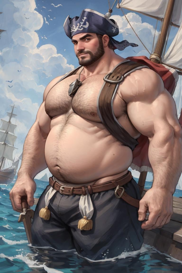 face portrait of a grizzled medieval sailor deckhand, pirate, chubby, beefy, fat, stocky, sleeveless white striped tunic, chest hair, arm hair, looking at viewer, stubble, short hair, rpg, fantasy, d&d, at the docks, subsurface scattering, detailed shading, dramatic angle