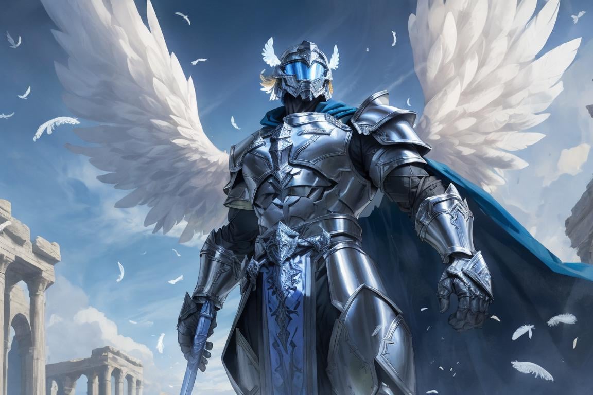 dramatic portrait of a powerful archangel wearing glowing plate armor and helmet in elysium, halo, (large majestic white wings:1.2), feathers, very masculine, muscular, vibrant blue sky, Greco-Roman architecture, looking down, flowing cape, rule of thirds, Renaissance portrait, dramatic angle, (contrapposto:1.2), extremely detailed shading, subsurface scattering, sharp focus, highly detailed