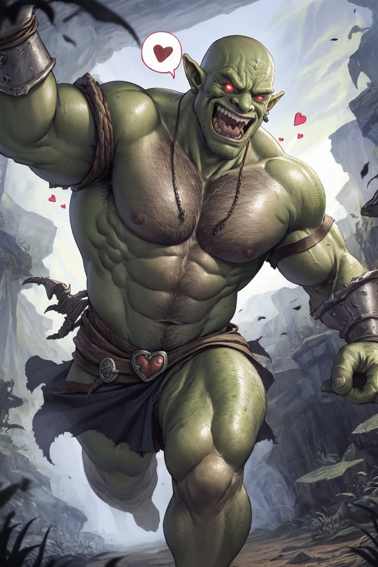 (spoken heart:1.3), grinning, pov, face portrait of an orc warrior with green skin aggressively running toward the viewer, leather armor, bald, monstrous face, grizzled, brute, chest hair, arm hair, stubble, arm hair, d&d, fantasy, baldur's gate, mordor, menacing, beefy, burly, subsurface scattering, looking at viewer