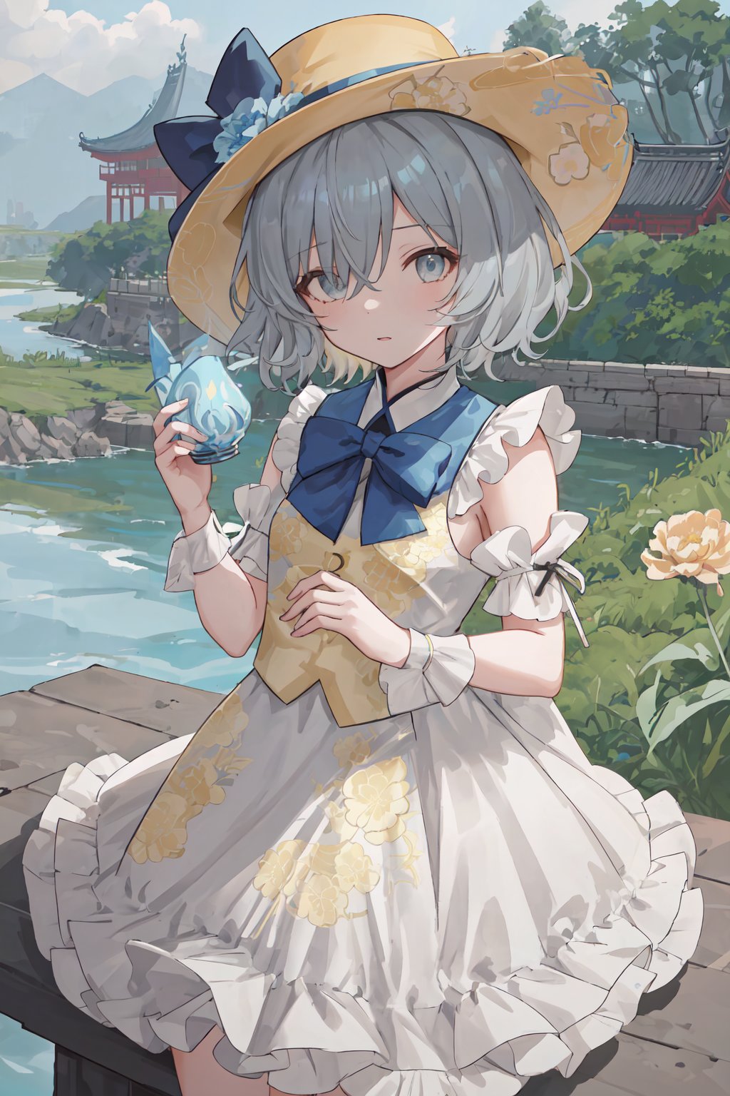  solo, 9-year-old girl, flaxen short hair (messy), (flat but not flat), ((blue:1.05) in grey) eye, covering one eye, 
jacquard weave (yellow carnation bloom) pattern frilled white chiffon dress, large hat, 
(riverbank:1.2), [stone bridge], 
cowboy shot,
[idolmaster], [detailed hand], [detailed fingers], by Gil Elvgren, saibo,cyberpunk, tonghuazhen, wuguanzhong, tangguo, outdoor, fenhong, 1girl