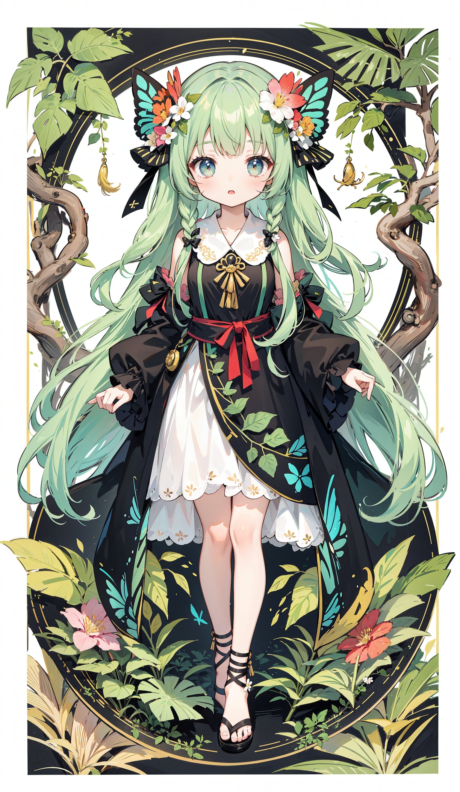  1 girl, surrounded by big leaf plants, wearing flower accessories, (Old-growth forest), (long hair) puberty, young girl, bright outline,Butterfly Dance, chibi, surrealistic,tuyawang, senlin