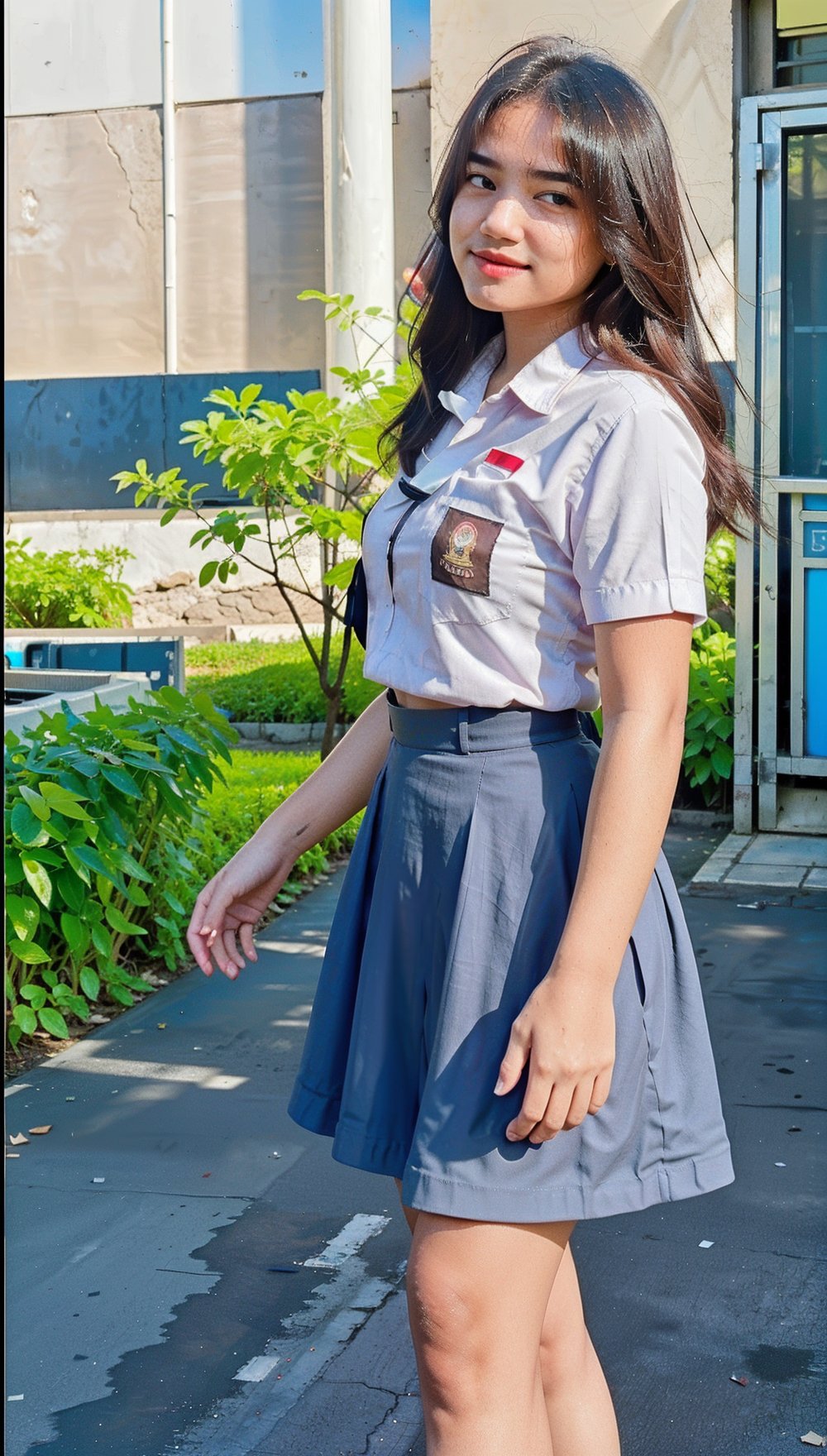 Beautiful woman with long brown hair, 18 years old, well-built, has a mole above her lip, ideally wearing a high school uniform, short-sleeved white shirt, long gray skirt past her knees, not too big chest, walking in the middle. city. buzz, sharp looks, high quality photography, street cinema,Fuj1