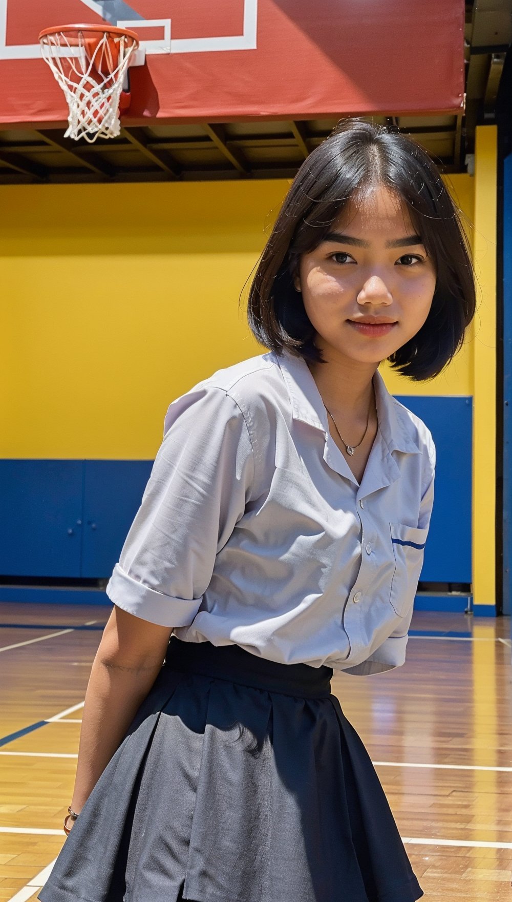 portrait of a young 18 year old girl wearing a white high school uniform, shirt and long gray skirt. On the right chest there is the OSIS logo and on the top of the left chest there is the Indonesian flag. photo with a basketball court in the background surrounded by students,Fuj1