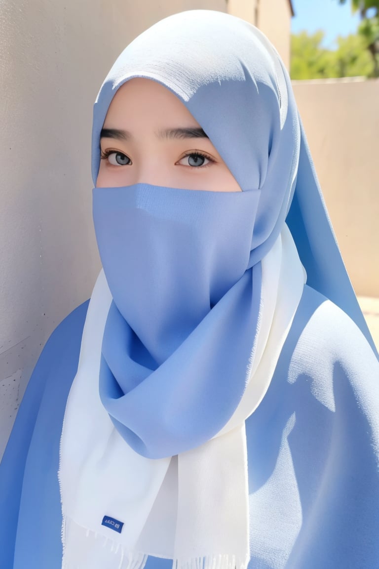 masterpiece, best quality, highres, 18yo old cute girl, Veil hijab, (upper body), scarf, (white scarf), (sweater), ((wall background)), 32k, 8k, high_resolution,graveline,perfect light, ,Fuj1