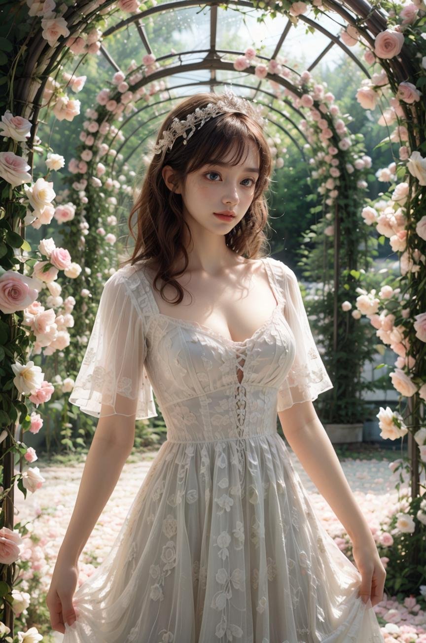 photography,(a holy and beautiful girl:1.2),(goddess:1.2),(wearing a white wedding dress:1.1),(pygal:1.2),cleavage,(bustle:1.1),(headdress:1.1),happiness,smile,<lora:Flower Tunnel_20231201005206-000018:0.7>,Flower Tunnel,brilliant roses,(rim light:1.1),, (masterpiece:1,2), best quality, masterpiece, highres, original, extremely detailed wallpaper, perfect lighting,(extremely detailed CG:1.2）