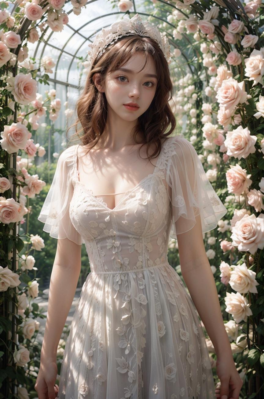 photography,(a holy and beautiful girl:1.2),(goddess:1.2),(wearing a white wedding dress:1.1),(pygal:1.2),cleavage,(bustle:1.1),(headdress:1.1),happiness,smile,<lora:Flower Tunnel_20231201005206-000018:0.7>,Flower Tunnel,brilliant roses,(rim light:1.1),, (masterpiece:1,2), best quality, masterpiece, highres, original, extremely detailed wallpaper, perfect lighting,(extremely detailed CG:1.2）