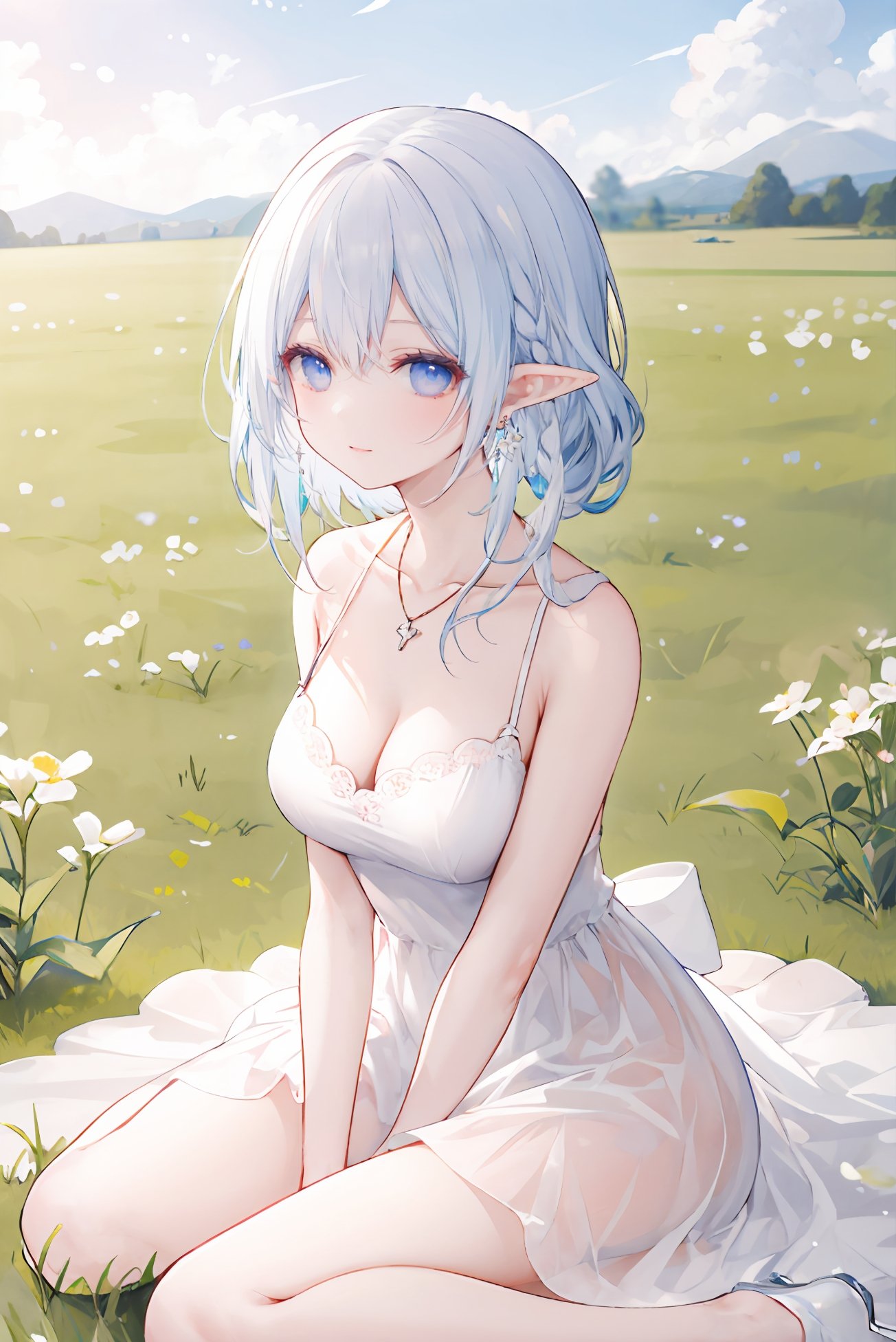 masterpiece,best quality,high detailed,1girl, solo, dress, flower, outdoors, blue eyes, long hair, sitting, white dress, white flower, white hair, breasts, jewelry, pointy ears, day, sleeveless, bangs, closed mouth, flower field, sleeveless dress, looking to the side, field, collarbone, nature, looking away, earrings, medium breasts, hand between legs, smile, floating hair, cleavage, between legs, bare arms, necklace, elf, grass, blurry,<lyco:GoodHands-beta2:0.9>