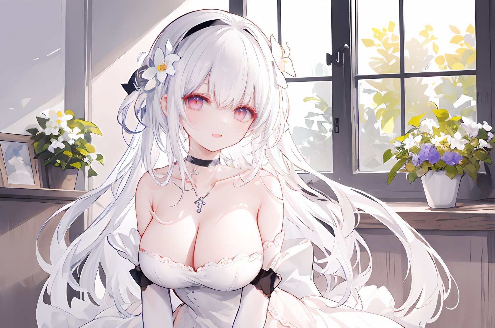 (masterpiece),illustration, best  quality, best refined rendering, extremely detailed, CG unity 8k wallpaper, (loli:0.1),(huge breasts:1),colorful,(masterpiece:1.2), best quality, highres, original, extremely detailed wallpaper,1girl,solo,smile, <lora:dishwasher1910Style_v10:0.6>,dishwasher1910,bare shoulders, white choker, white dress, white hairband, white thighhighs,choker, cleavage, collarbone,cup,dress, elbow gloves,flower, garter straps, gloves, hair flower, hair ornament, hairband,jewelry, necklace, plunging neckline, side slit, thighhighs, thighs,indoors,window,pelvic curtain,very long hair,white hair<lyco:GoodHands-beta2:0.9> <lora:PAseer的神话壁纸V1:0.3>