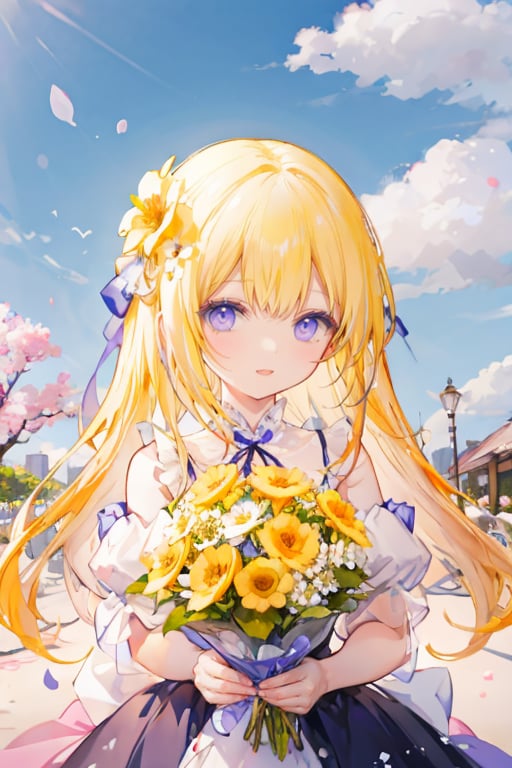 masterpiece,best quality,illustration, ((yellow hair)),1girls,long eyelashes,hair_ornament,wavy_hair,cute,shy,flower, pink_flower, bouquet, pink_rose, butterfly, bug, purple_flower, hydrangea, 1girl, cherry_blossoms, holding_bouquet, white_flower, long_hair, solo, holding_flower, holding, daisy, bangs, looking_at_viewer, blue_butterfly, lily_\(flower\), petals,light smile,((sunny day)),glowing light,(flower sea),(blue_ribbon),loli<lyco:GoodHands-beta2:0.9>