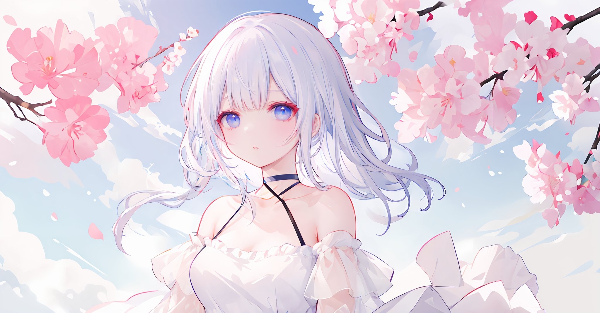 (masterpiece),illustration, best  quality, best refined rendering, extremely detailed, CG unity 8k wallpaper, sharp and clean edges, less noise, drawing as detailed and clear as possible, vivid and bright and colorful picture,1girl, solo, looking up, dress, long hair, blue eyes, choker, white hair, white dress, petals, white choker, flower, outdoors, arm up, parted lips, bare shoulders, off-shoulder dress, sky, pink flower, day, off shoulder, cherry blossoms, bangs, blurry, collarbone<lyco:GoodHands-beta2:1> <lora:PAseer的神话壁纸V1:0.3>