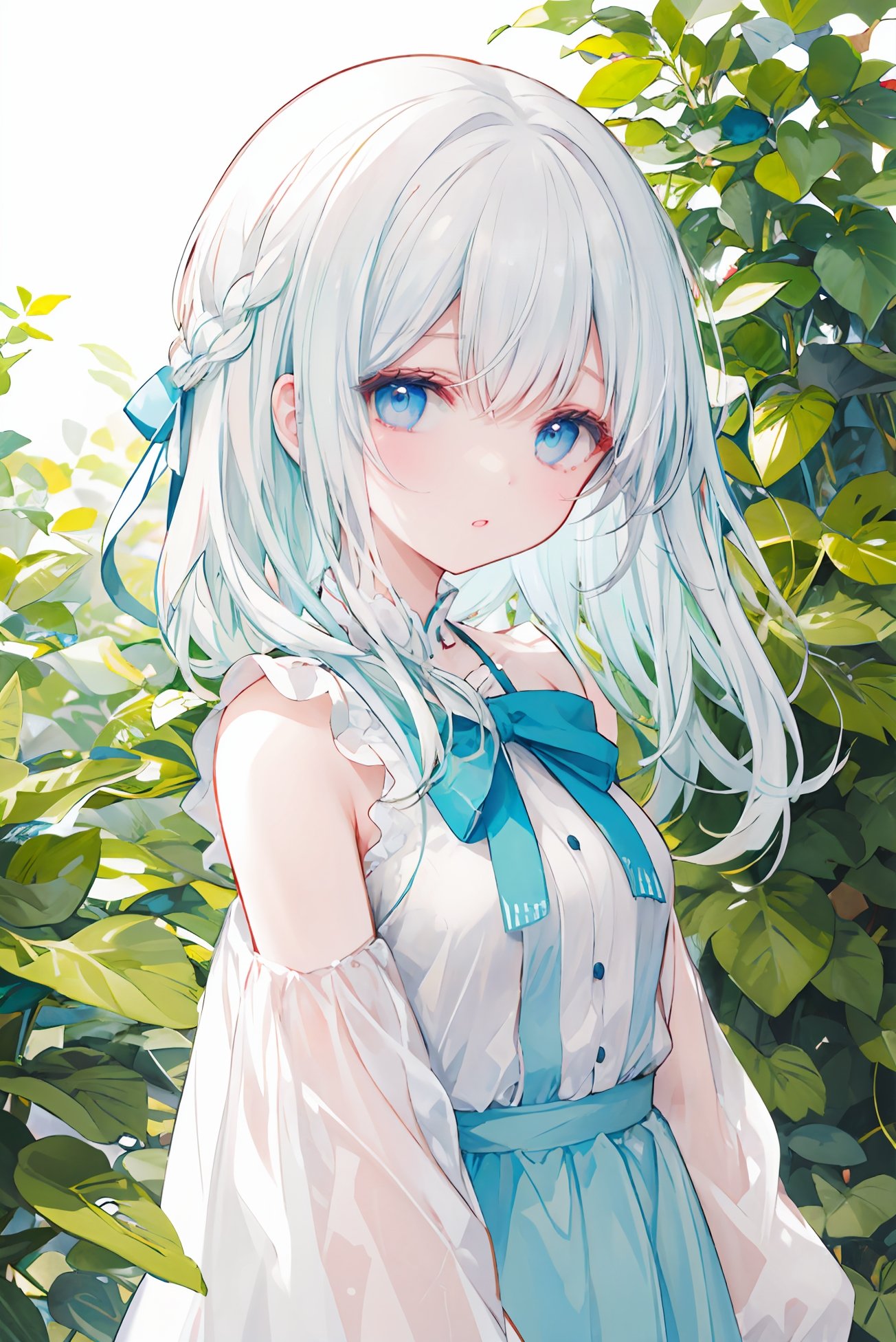 masterpiece, best quality,1girl,（white hair accentuated with mint color）, （blue and white clothes）<lyco:GoodHands-beta2:0.9>