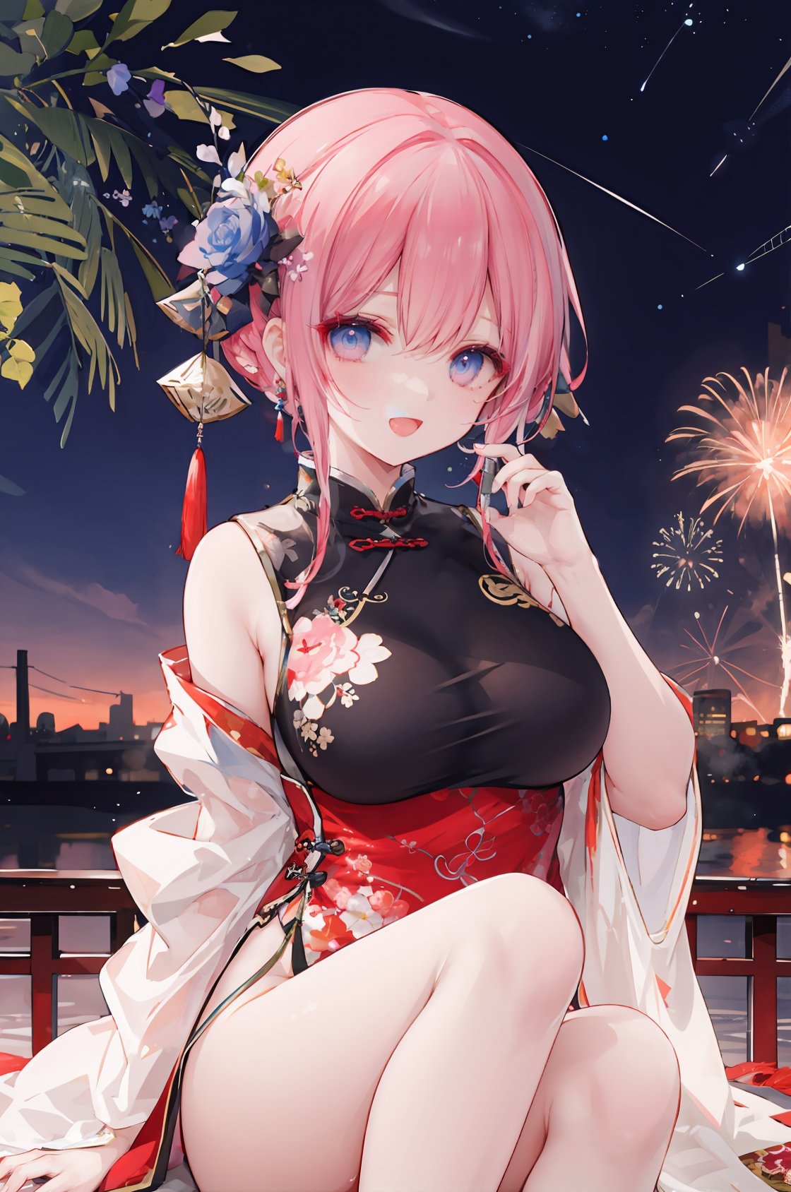 (masterpiece), best quality,1girl,(highly detailed beautiful eyes),:d,chinese clothes,night sky, fireworks, better girls, <lyco:GoodHands-beta2:0.9>