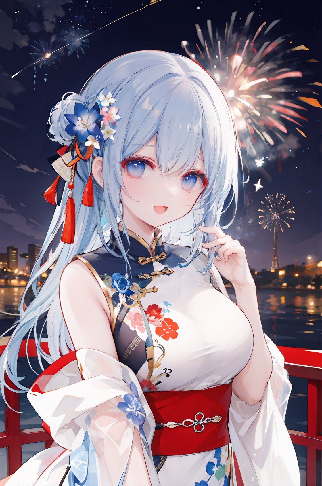 (masterpiece), best quality,1girl,(highly detailed beautiful eyes),:d,chinese clothes,night sky, fireworks, 