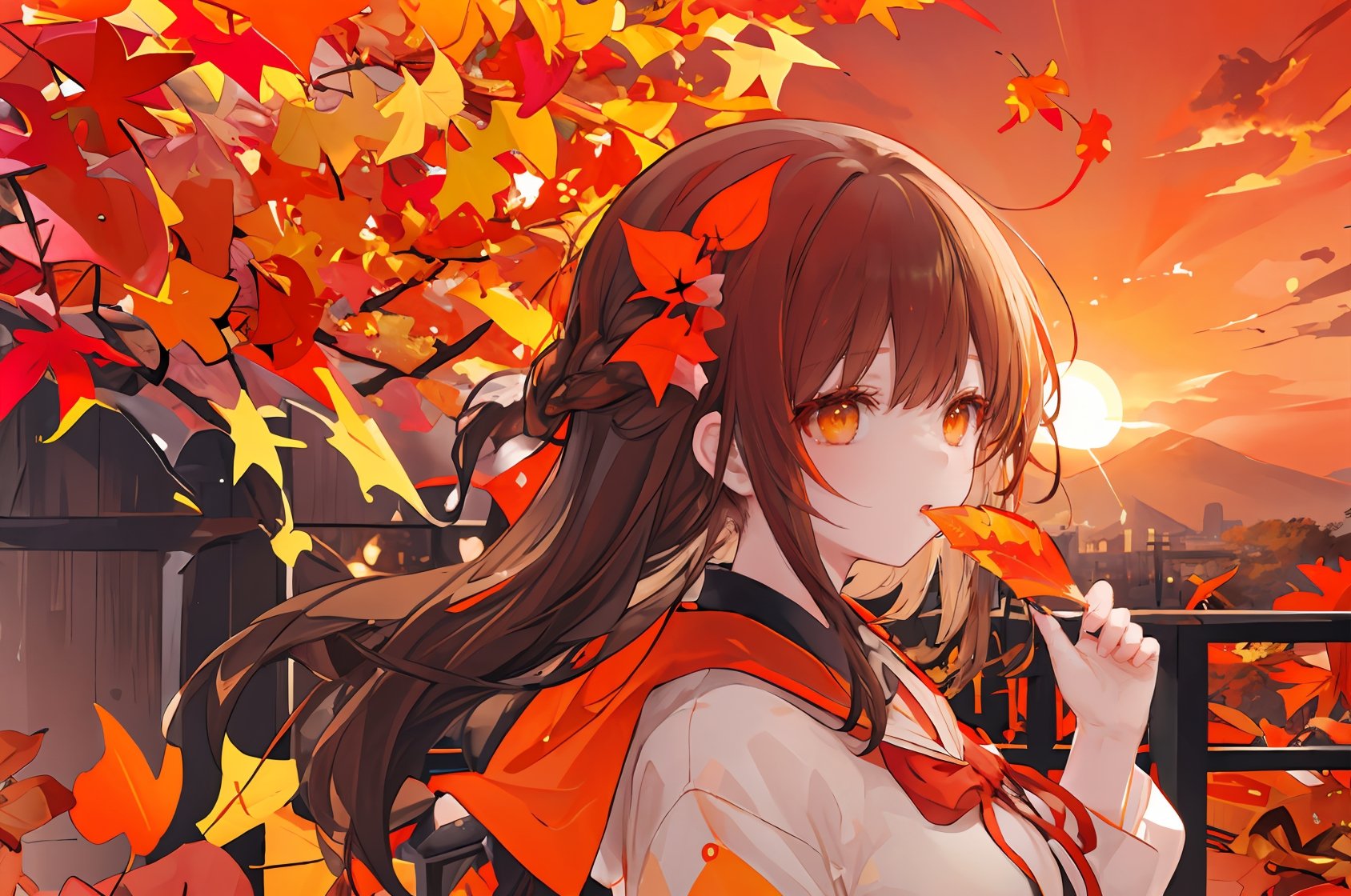 (masterpiece),illustration, best  quality, best refined rendering, extremely detailed, CG unity 8k wallpaper, sharp and clean edges, less noise, drawing as detailed and clear as possible, vivid and bright and colorful picture,masterpiece,best quality,(ray tracing,cinematic lighting),sunlight,autumn, autumn_leaves, falling_leaves, fire, ginkgo_leaf, holding_leaf, leaf, maple_leaf, orange_sky, orange_theme, sunset, tree, leaves_in_wind, braid, leaf_hair_ornament, 1girl, twilight, dusk, evening, gradient_sky, burning, leaf_background, breathing_fire, campfire, fireplace, yellow_sky, solo, molten_rock, leaf_on_head, brown_hair, from_side, sweet_potato, flame, fence, outdoors, orange_flower, red_sky, explosion, ribbon, upper_body, orange_ribbon, mountainous_horizon, bare_tree<lyco:GoodHands-beta2:0.9> <lora:PAseer的神话壁纸V1:0.3>