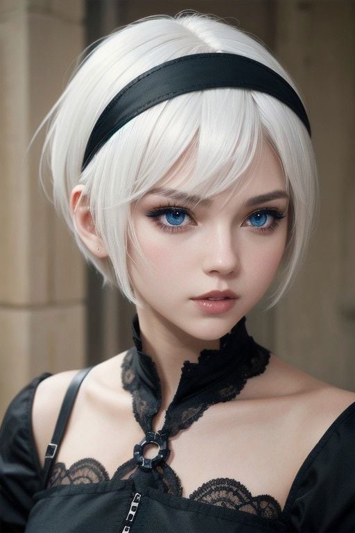 <lora:2b_nier_automataXL:1>,2B, white hair, short hair, black clothes, blue eyes, black hairband, yorha no. 2 type b, ruins, red eyeshadow, looking away,