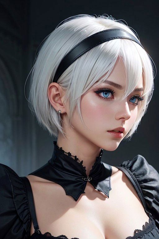 <lora:2b_nier_automataXL:1>,2B, white hair, short hair, black clothes, blue eyes, black hairband, yorha no. 2 type b, ruins, red eyeshadow, looking away,