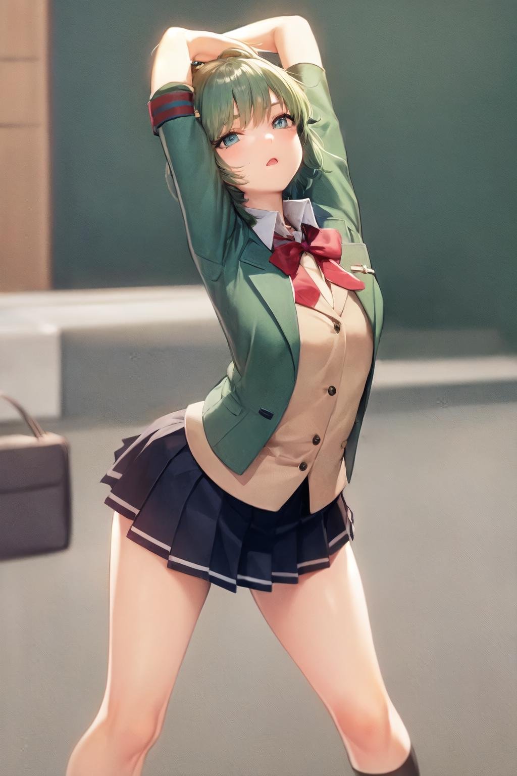 1girl, solo, short hair, green hair, blue eyes, hair clip, school uniform, pleated skirt,cammy stretch \(meme\), stretching, arms up,<lora:cammy_stretch_(meme):1>