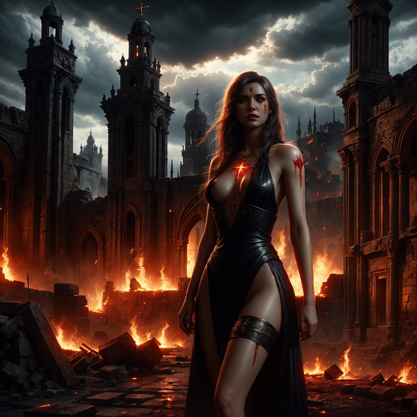 a  sexynude woman  lord with holy mark blood  in hand,see-final fantasy, WLOP, sharpness,vampire, see-through, fire thunder lights, rainy sky, (hourglass body), peaky blinders, Ruined ancient city background, 8k post production, ,Masterpiece