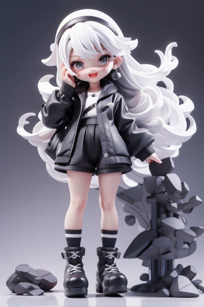 professional 3d model masterpiece,best quality,8K,official art,owo style,chibi,1girl,white hair,gray eyes,black shorts,black jacket,shirt,earrings,black footwear,looking at viewer,full body,long sleeves,female child,cross-laced footwear,:d,tooop,earrings,long hair, . octane render, highly detailed, volumetric, dramatic lighting