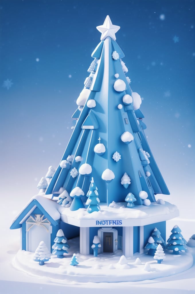 low-poly style Blue Christmas, snowy day, snowy field, centered tall Christmas tree, a gift box in front of the tree, ribbon wrapped around the top of the gift box, night, starry background, centered tall Christmas tree, strong color contrast, booth extreme high resolution, add details, sharpness enhancement. . low-poly game art, polygon mesh, jagged, blocky, wireframe edges, centered composition