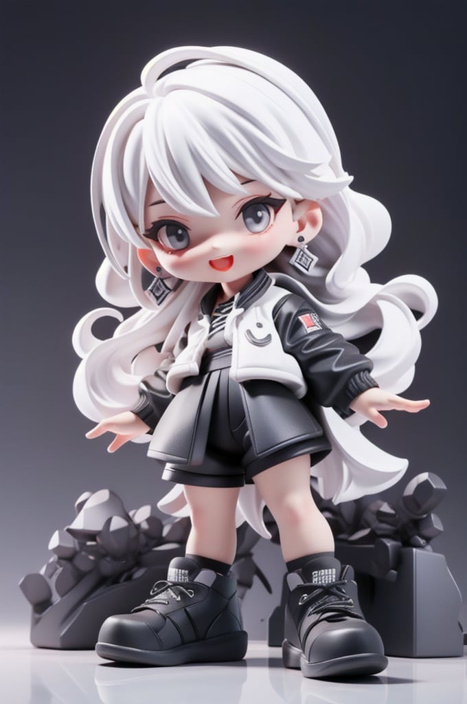  professional 3d model masterpiece,best quality,8K,official art,owo style,chibi,1girl,white hair,gray eyes,black shorts,black jacket,shirt,earrings,black footwear,looking at viewer,full body,long sleeves,female child,cross-laced footwear,:d,tooop,earrings,long hair, . octane render, highly detailed, volumetric, dramatic lighting