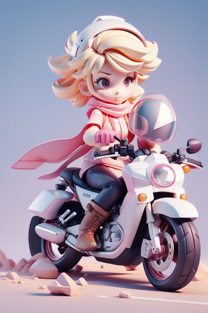 low-poly style "Describe the object" : "a girl riding a motorcycle",1girl,pink long upper shan,ground vehicle,solo,gloves,motor vehicle,helmet,black eyes,boots,goggles,white gloves,blonde hair,riding,scarf,short hair,smoke,C4D,3D,running on the road,tree, . low-poly game art, polygon mesh, jagged, blocky, wireframe edges, centered composition