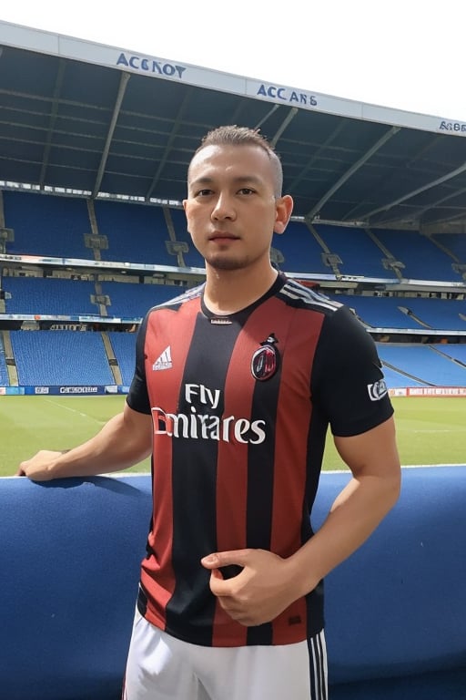 portrait of a muscular man wearing an AC Milan jersey in the light of the stadium,joh4n