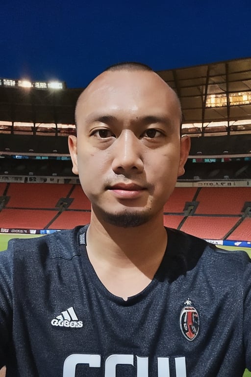 portrait of a muscular man wearing an AC Milan jersey in the light of the stadium,joh4n