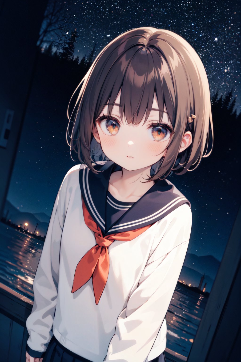  solo, 1girl, sleeves past wrists,sleeves past fingers,bangs, hair ornament, serafuku, white background, short hair, parted lips,long sleeves, muted color, neckerchief, brown hair, sailor collar,blunt bangs, cowboy shot, orange eyes, black sailor collar, looking at viewer,,(lake:1.2),(starry sky:1.2),from above,fisheye