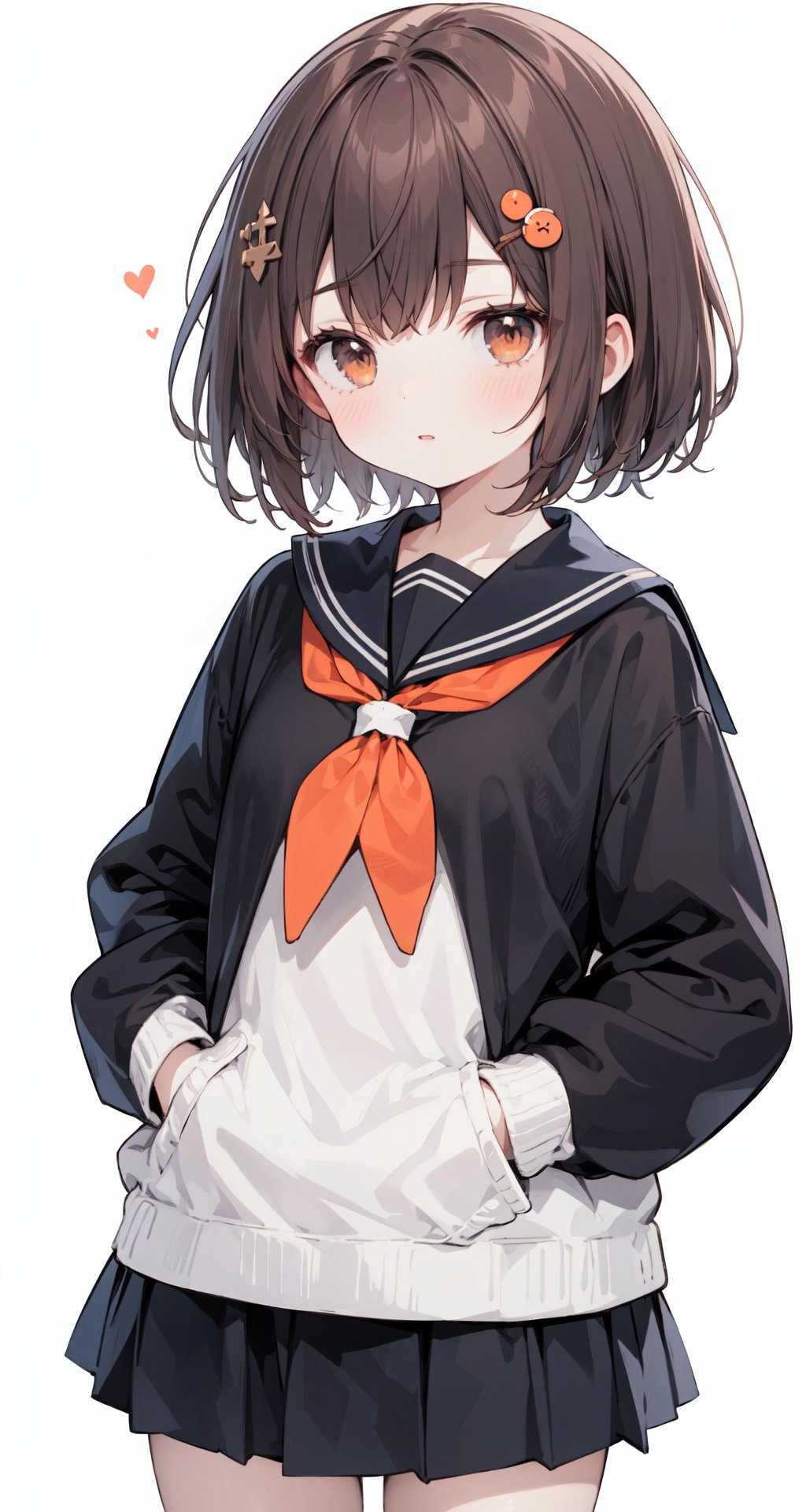  solo, 1girl, sleeves past wrists, school uniform, sleeves past fingers, skirt, simple background, bangs, hair ornament, serafuku, white background, short hair, parted lips, pleated skirt, long sleeves, muted color, neckerchief, brown hair, sailor collar, black skirt, blunt bangs, cowboy shot, orange eyes, black sailor collar, looking at viewer