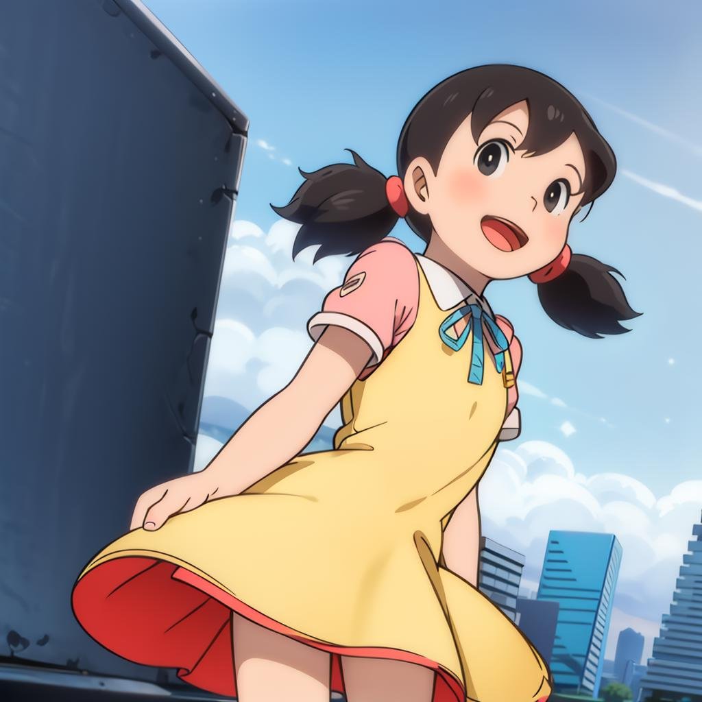 cityscape, blue sky, Shizuka, 1girl, solo, black hair, black eyes, open mouth, smile, short twintails, dress, arms behind back, <lora:（静香）Shizuka:0.8>, 