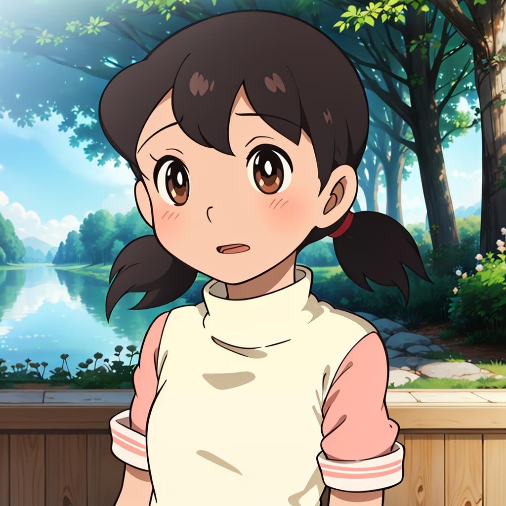 outdoors, tree, lake, Shizuka, 1girl, solo, black hair, open mouth, twintails, brown eyes, short twintails, turtleneck, short hair, upper body, window, blush, parody, <lora:（静香）Shizuka:0.8>, 