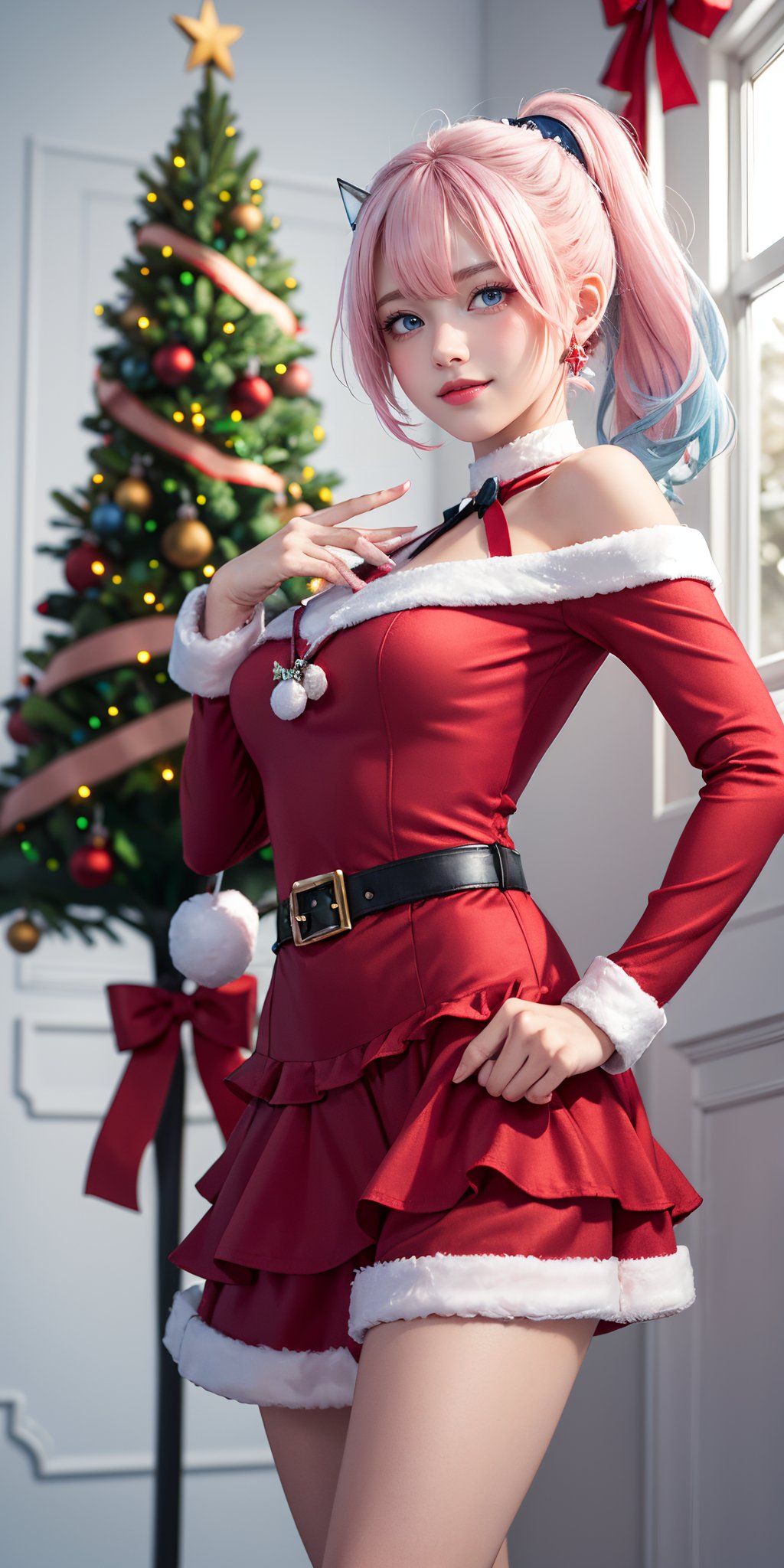 photorealistic, masterpiece, best quality, raw photo, 1girl, solo, long hair, detailed face, alluring face, medium breasts, dynamic pose, looking at viewer, from below, detailed background, fine detailed, intricate detail, ray tracing, depth of field, low key, hdr, smiling,full body,(Red Christmas dress:1.3), Christmas hair ornament, (glowing Christmas tree:1.3), (blush:1.2), Innocent, (shy:1.2), cute, Flat, Medium hair, Skirt, (Side ponytail:1.1), (light pink hair:1.3), (gradient hair:1.0), white horns, Pointy ears, layered, frills, bare shoulders, sleeves, (Glowing sign text:1.3), Blue eyes, Pink > blue, (light blue hair:1.25), (masterpiece,best quality:1.5)