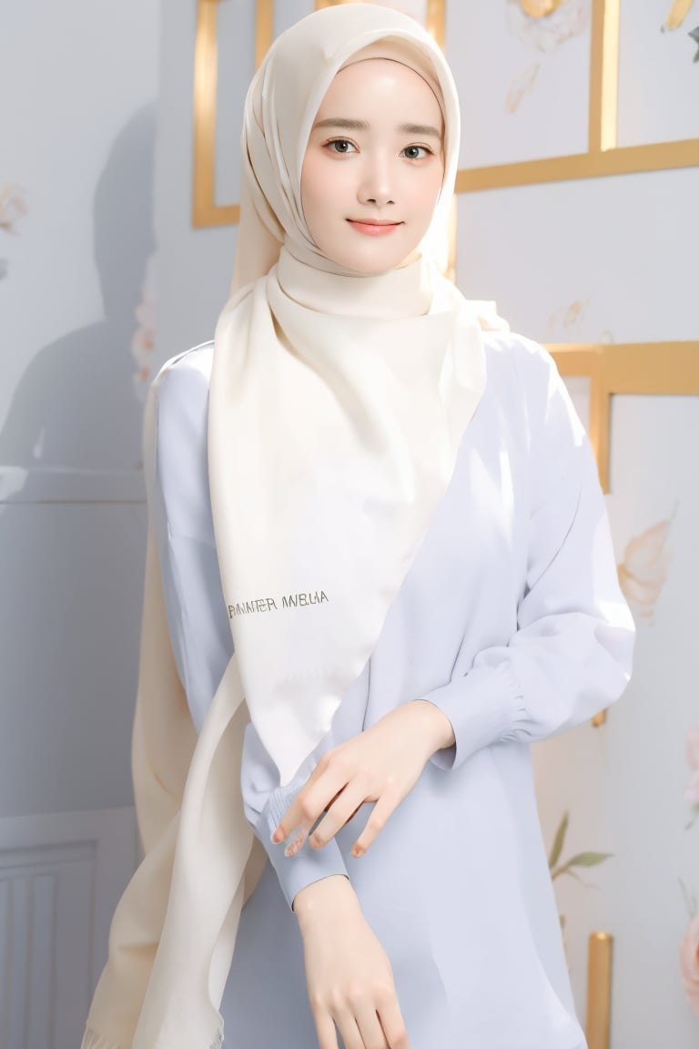 masterpiece, best quality, highres, 18yo old cute girl, Veil hijab, (upper body), scarf, (white scarf), (sweater), ((wall background)), 32k, 8k, high_resolution,graveline,perfect light, ,hijab,n4git4,dedek_emes,aur4,zud1t,High detailed ,Fuj1,zoe,yoona