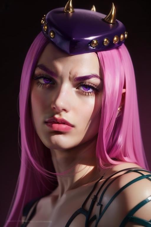 solo,  anasui,  portrait,  1boy,  fishnet top,  hat,  purple hair,  pink hair,  long hair,  eyelashes,  pink lips,  florida palm dark background,  looking at viewer,  realistic,  angry, sakimmichan_art,<lora:EMS-19576-EMS:0.800000>,<lora:EMS-234938-EMS:0.800000>