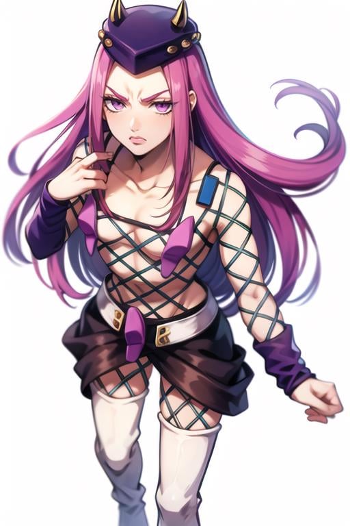 solo,  anasui,  frown,  1boy,  fishnet top,  hat,  purple hair,  long hair,  eyelashes,  pink lips,  white boots,  thigh high boots,  , simple white background,  white boots,  wristband,<lora:EMS-234938-EMS:0.900000>,<lora:EMS-13586-EMS:0.700000>