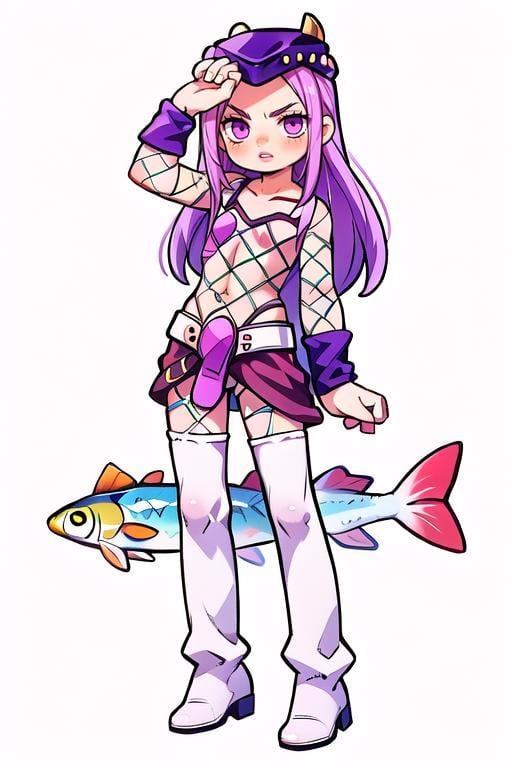 holding head,  pain,  solo,  anasui,  1boy,  fishnet top,  hat,  purple hair,  long hair,  eyelashes,  pink lips,  white boots,  thigh high boots,  skirt, simple background,  looking at viewer,  white boots,  wristband,  abs,  muscular torso,  flat chest,<lora:EMS-234938-EMS:0.900000>