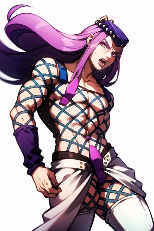 holding head,  pain,  solo,  anasui,  frown,  open mouth,  1boy,  fishnet top,  hat,  purple hair,  long hair,  eyelashes,  pink lips,  white boots,  thigh high boots,  skirt, simple white background,  looking at viewer,  white boots,  wristband,  abs,  muscular torso,<lora:EMS-66168-EMS:0.300000>,<lora:EMS-234938-EMS:0.900000>