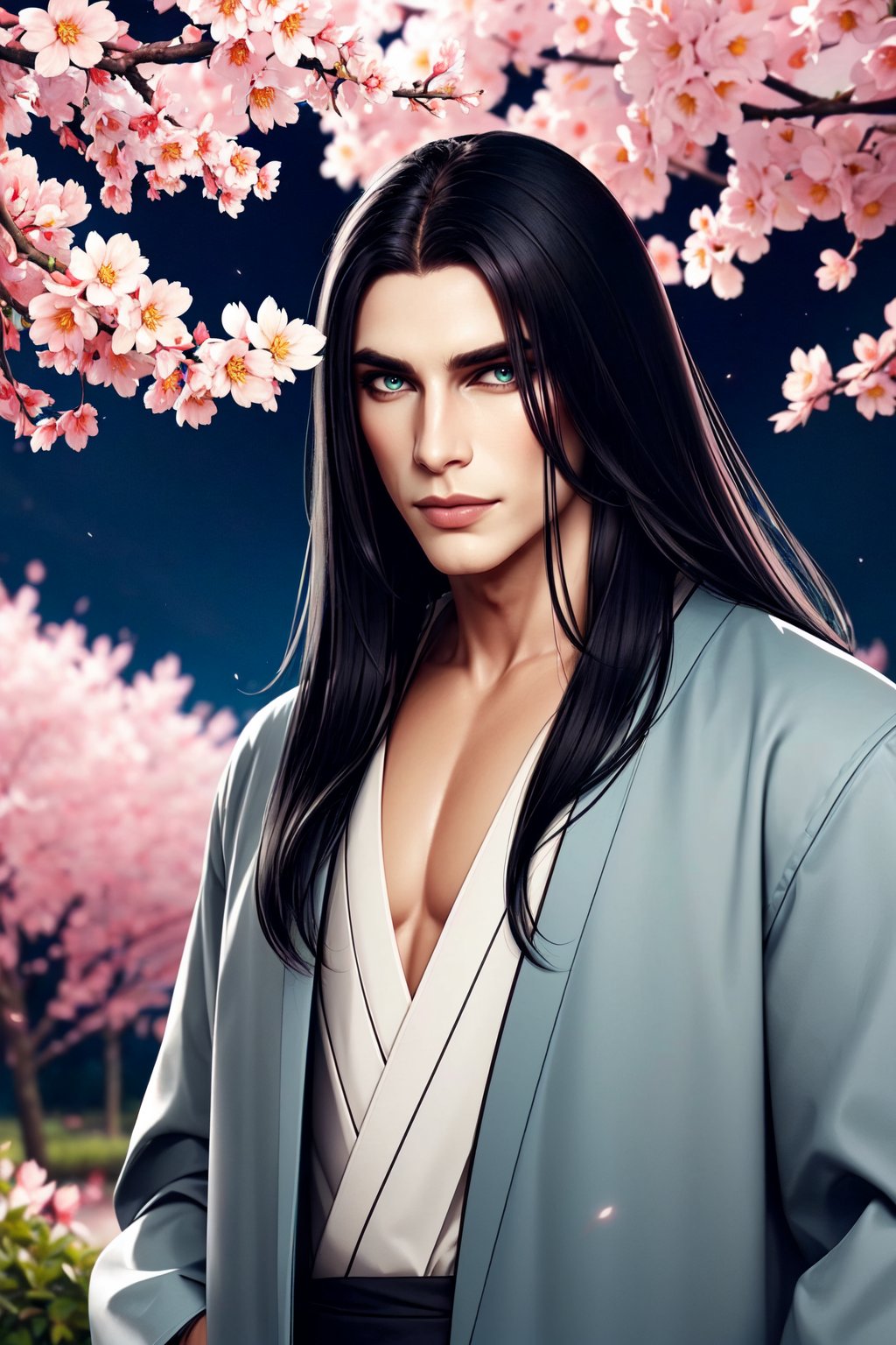 (masterpiece, best quality:1.3), 1male, black hair, green grey eyes, pale skin, realistic,  clothes in male kimono, upper body, serious, night sakura garden background  <lora:Hunger:0.6>