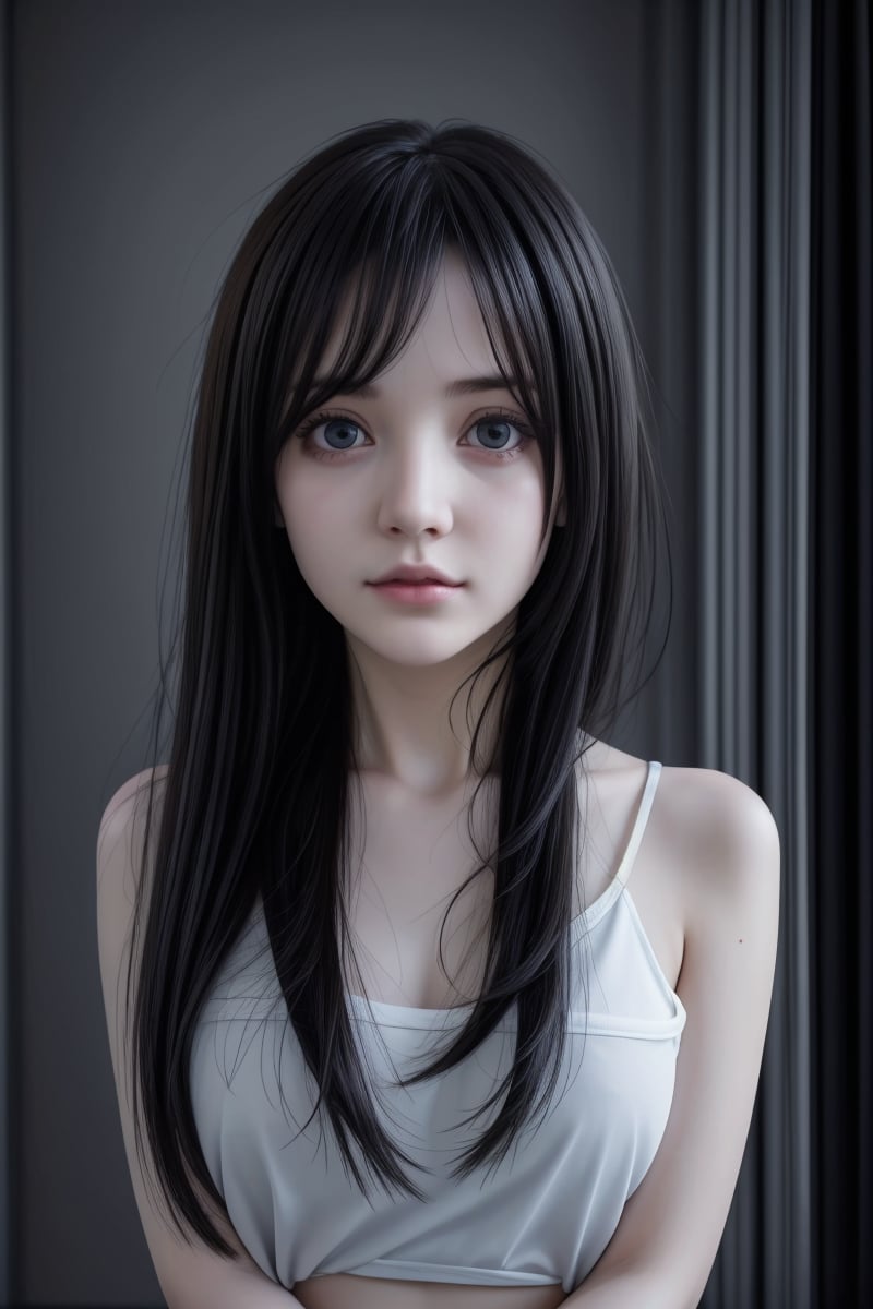 (8k,  best quality,  masterpiece:1.2), (best quality:1.0),  (ultra highres:1.0),  a beautiful girl,  big eyes,  by agnes cecile,  from head to waist,  extremely luminous bright design,  autumn lights,  long black shiny hair,  black background,  , masterpiece,,,<lora:659111690174031528:1.0>