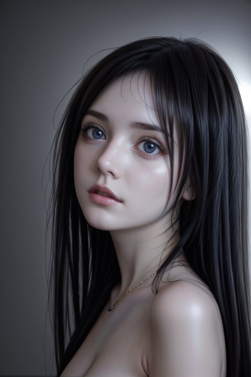 (8k,  best quality,  masterpiece:1.2), (best quality:1.0),  (ultra highres:1.0),  a beautiful girl,  big eyes,  by agnes cecile,  from head to waist,  extremely luminous bright design,  autumn lights,  long black shiny hair,  black background,  , masterpiece,,,<lora:659111690174031528:1.0>